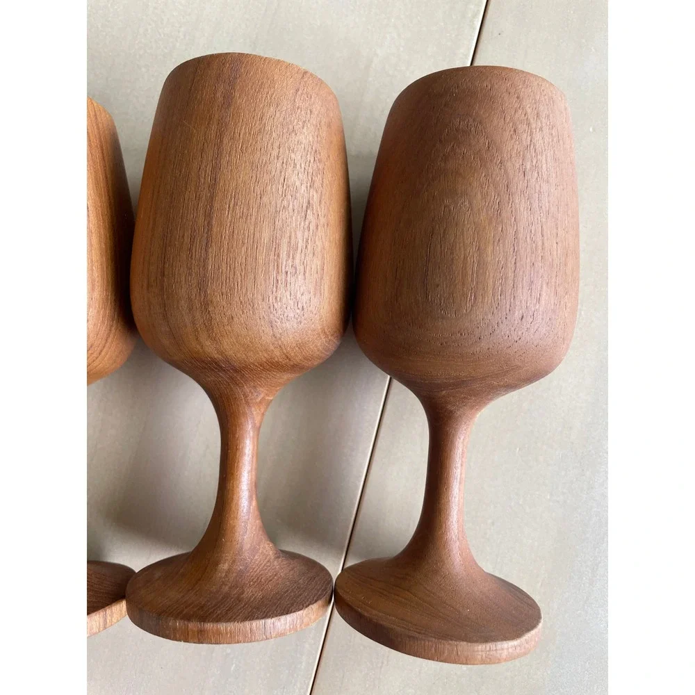 Set of 4 Vintage Wooden Goblets Hand Turned Wood Wine Cups Mid Century Rustic